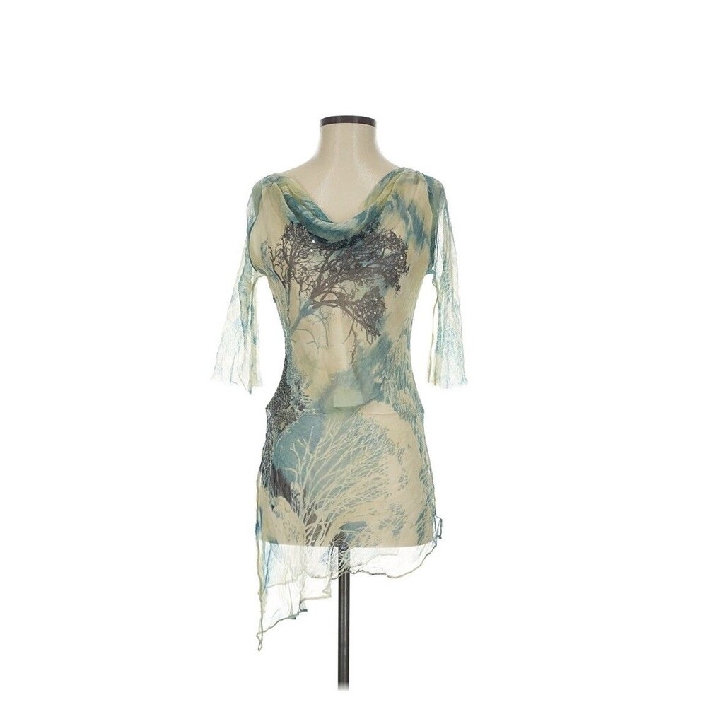 VTG Rene Derhy Blue Silky Fairycore Florals Tunic Top French Sheer 3/4 Painted